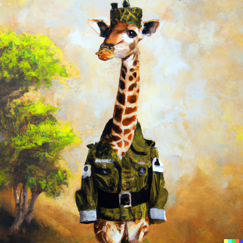 DALL·E 2023-01-18 19.30.46 - a giraffe wearing a military outfit, oil painting