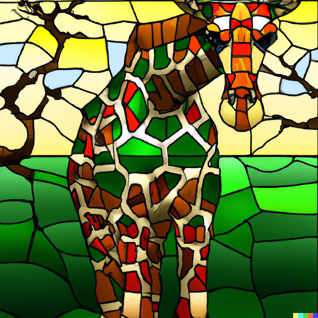 DALL·E 2023-01-18 19.32.09 - a giraffe wearing a military outfit, stained glass