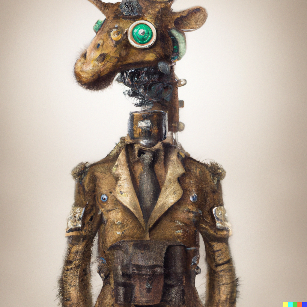 DALL·E 2023-01-18 19.37.42 - a giraffe wearing a military outfit, Steampunk Mechanical, leonardo da vinci