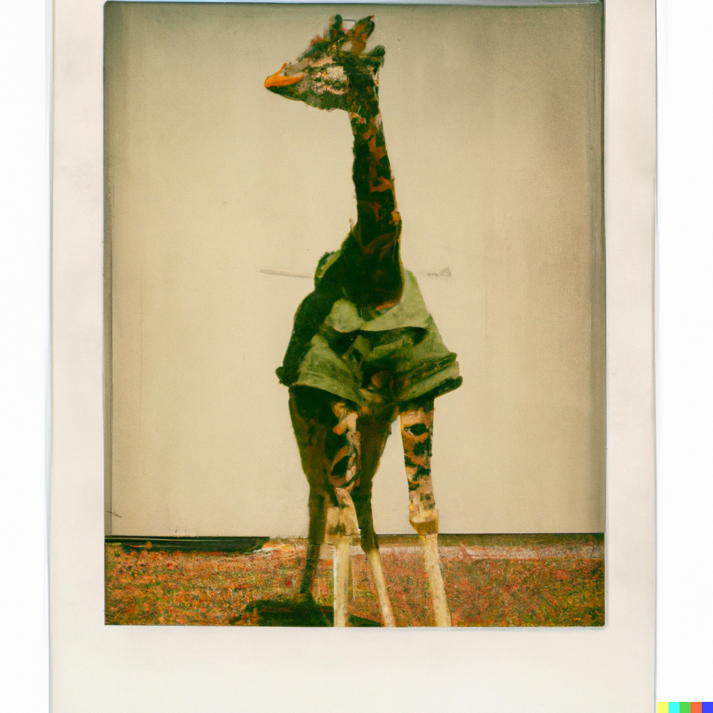 DALL·E 2023-01-18 19.38.42 - a giraffe wearing a military outfit, polaroid photo