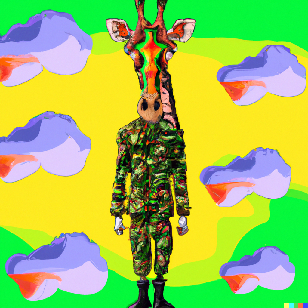 DALL·E 2023-01-18 19.41.03 - a giraffe wearing a military outfit, bizarre psychedelic nightmare art