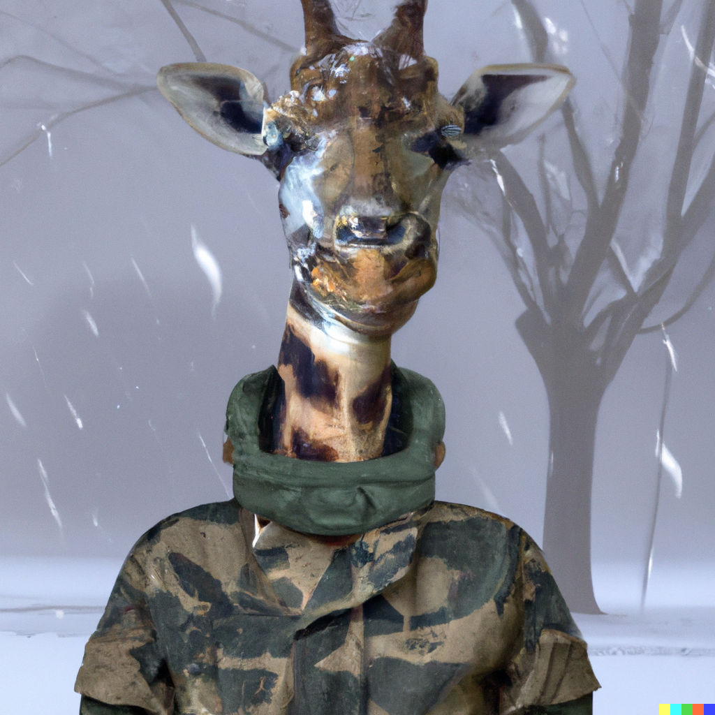 DALL·E 2023-01-18 19.41.51 - a giraffe wearing a military outfit, concept art of a winter blizzard and ice storm
