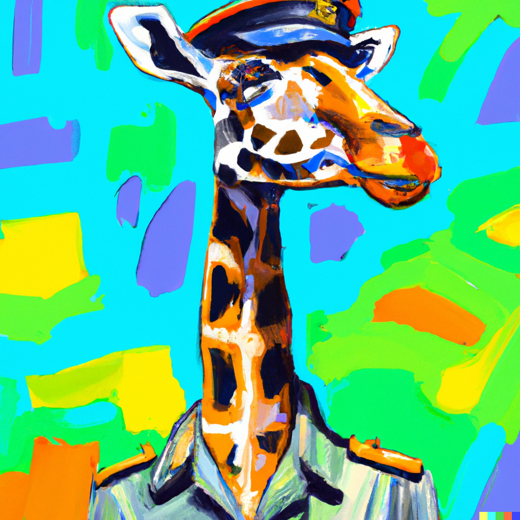 DALL·E 2023-01-18 19.44.04 - a giraffe wearing a military outfit, a fauvism portrait
