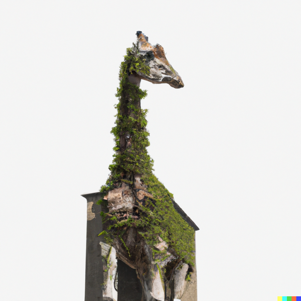 DALL·E 2023-01-18 19.44.41 - a giraffe wearing a military outfit, concept art of a brutalist monument, overgrown with flowering ivy