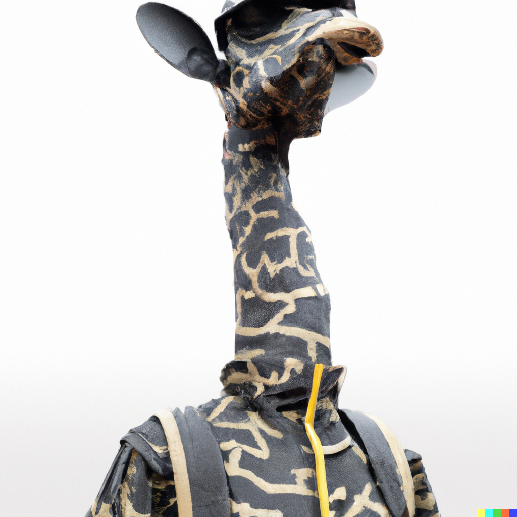 DALL·E 2023-01-18 19.46.14 - a giraffe wearing a military outfit, carbon fiber sculpture
