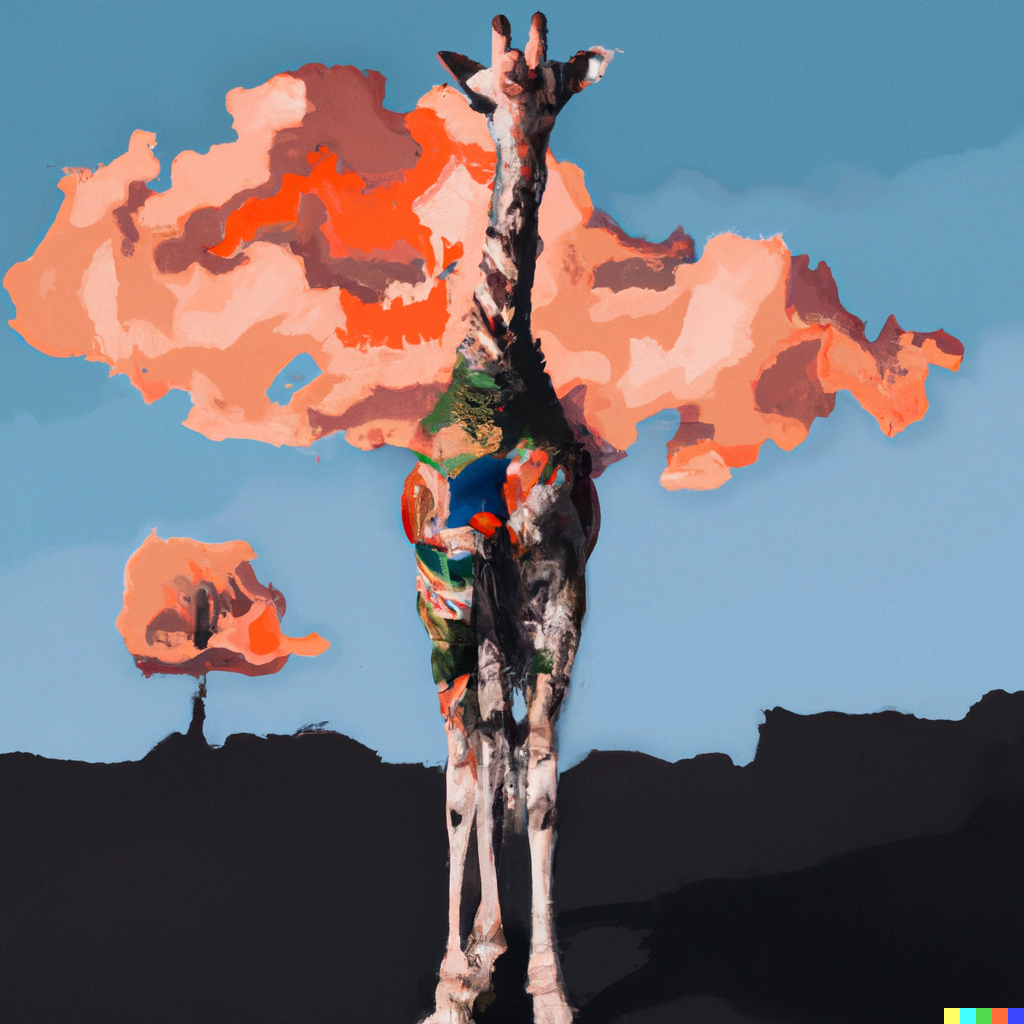 DALL·E 2023-01-18 19.50.37 - a giraffe wearing a military outfit, a dark surrealist painting with colors of dark orange, blue, pink and white