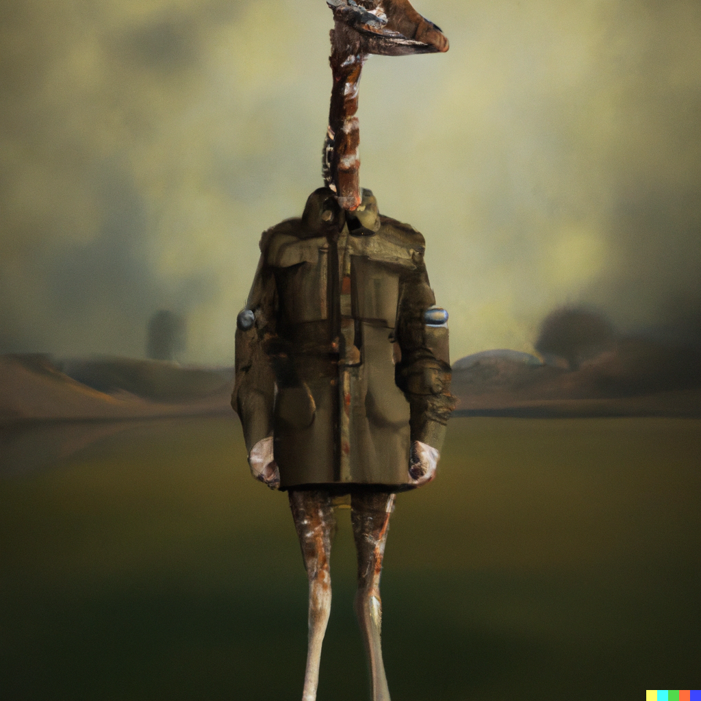 DALL·E 2023-01-18 20.11.45 - a giraffe wearing a military outfit, a retro futuristic painting