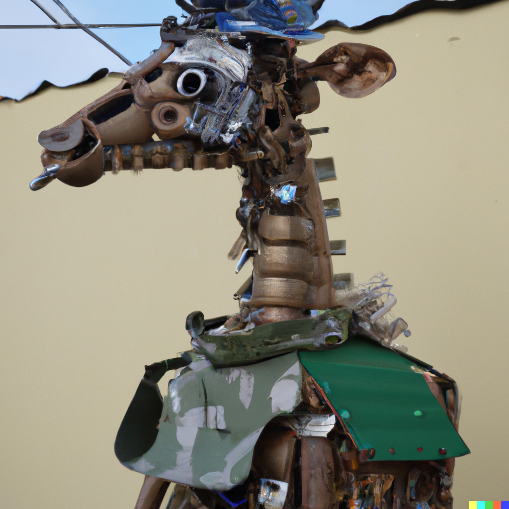DALL·E 2023-01-18 20.30.40 - a giraffe wearing a military outfit, made of trash