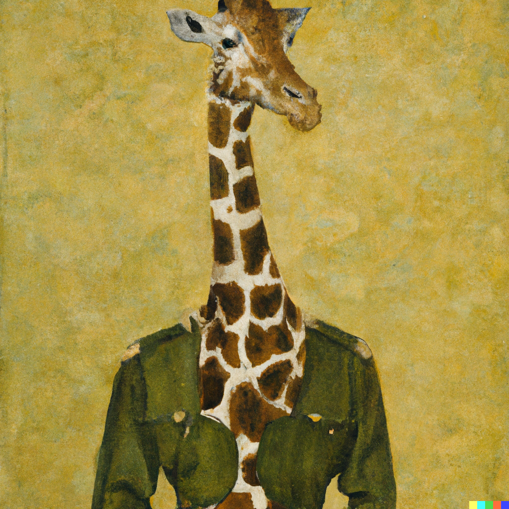 DALL·E 2023-01-18 20.33.14 - a giraffe wearing a military outfit, gustav klimpt