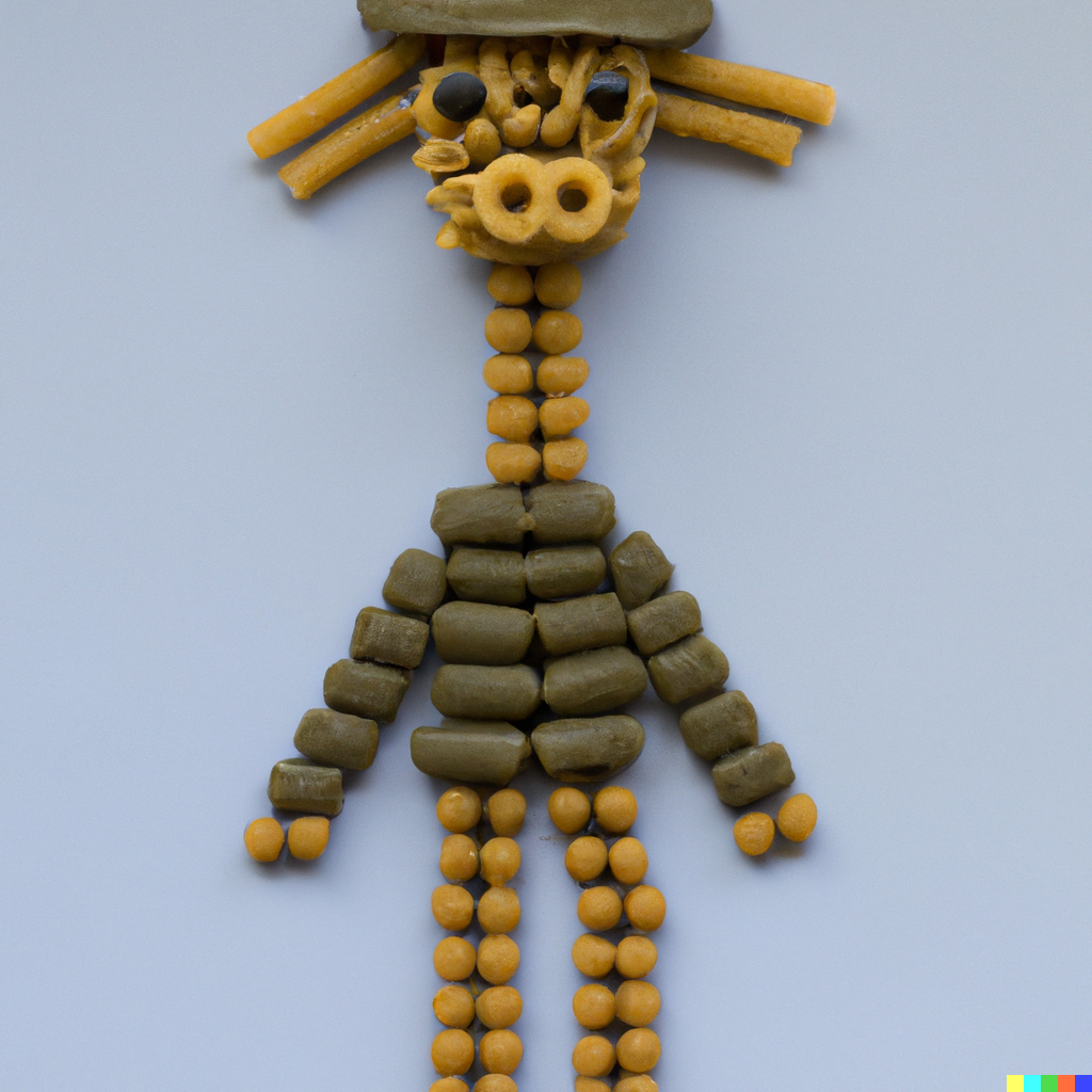 DALL·E 2023-01-18 20.41.38 - a giraffe wearing a military outfit, made of macaroni
