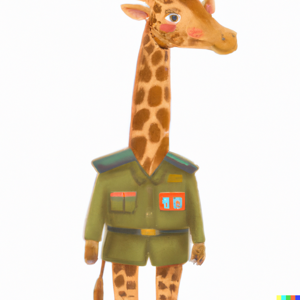 DALL·E 2023-01-18 20.44.51 - a giraffe wearing a military outfit, children's book illustration