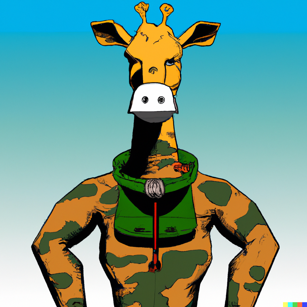 DALL·E 2023-01-18 20.45.33 - a giraffe wearing a military outfit, dc comic book art