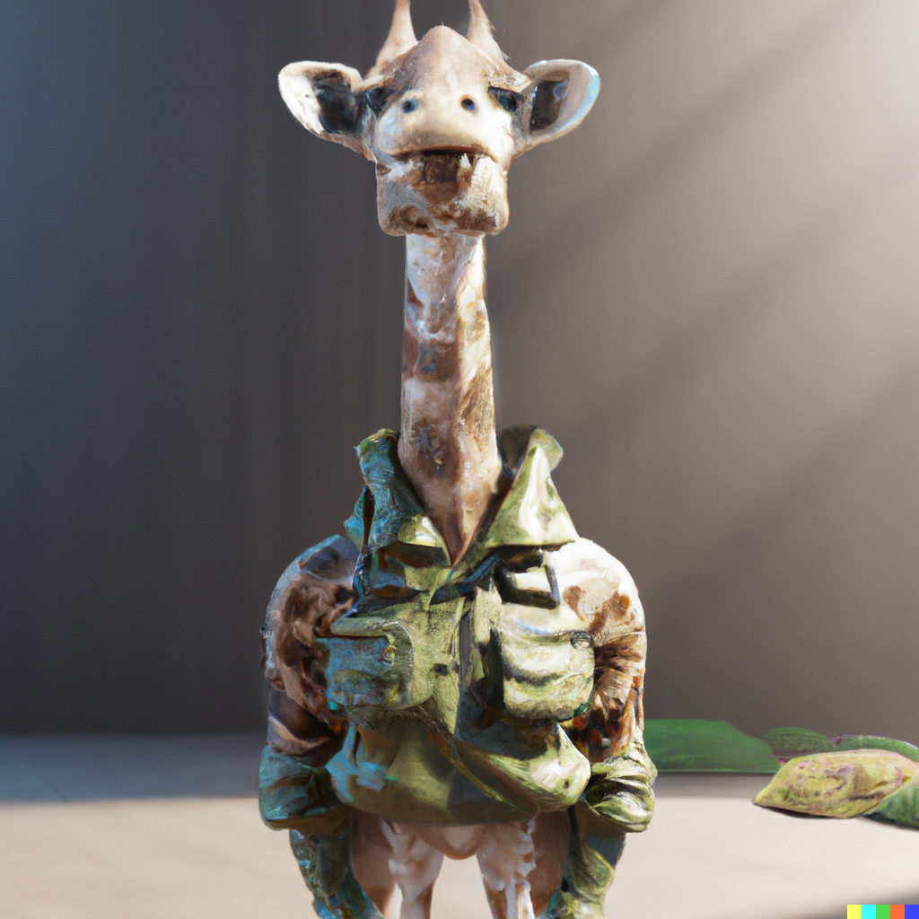 DALL·E 2023-01-18 20.46.50 - a giraffe wearing a military outfit, ray tracing, 8k