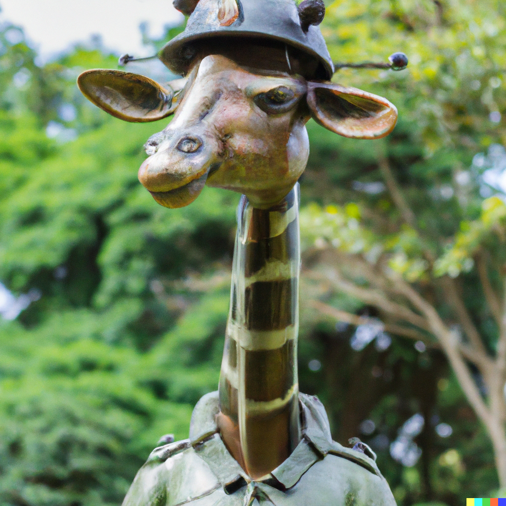 DALL·E 2023-01-18 20.49.59 - a giraffe wearing a military outfit, bronze sculpture