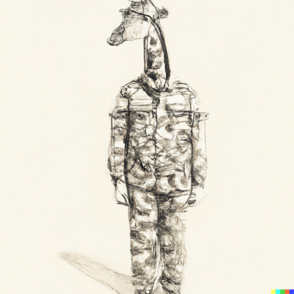 DALL·E 2023-01-18 21.49.48 - a giraffe wearing a military outfit, pencil sketch
