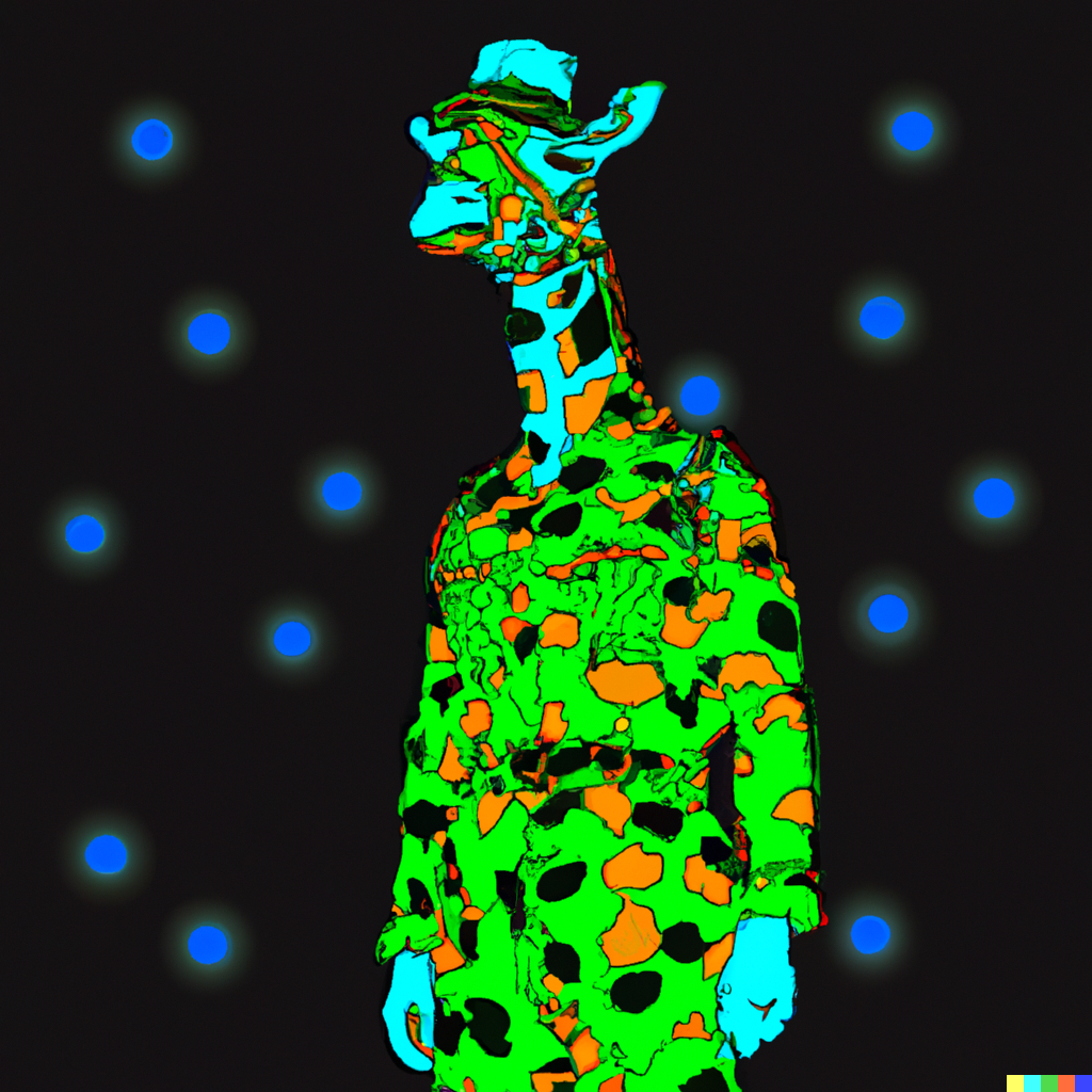 DALL·E 2023-01-18 22.35.30 - a giraffe wearing a military outfit, rave party neon